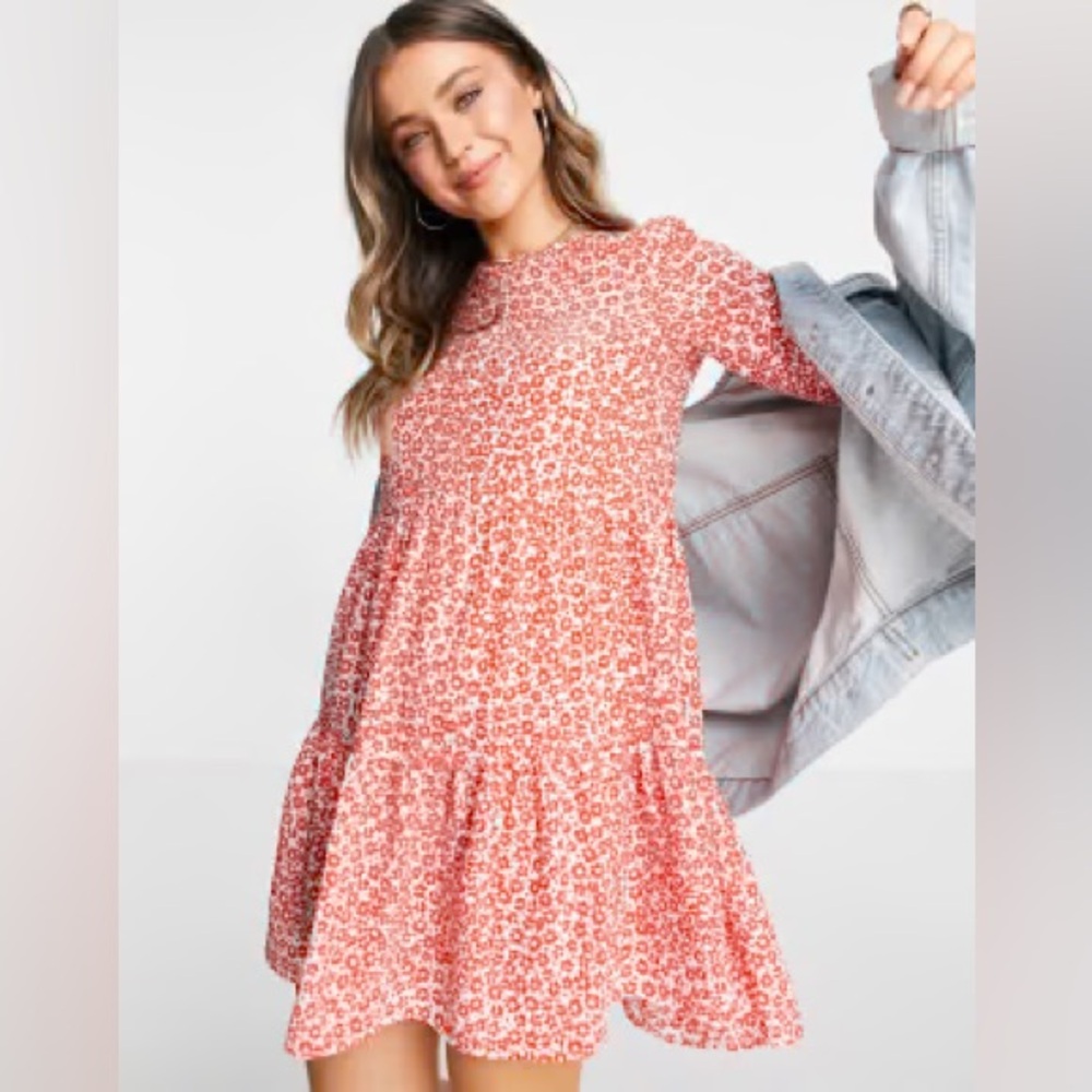 ASOS Red Floral Long Sleeve Tiered Mini Dress